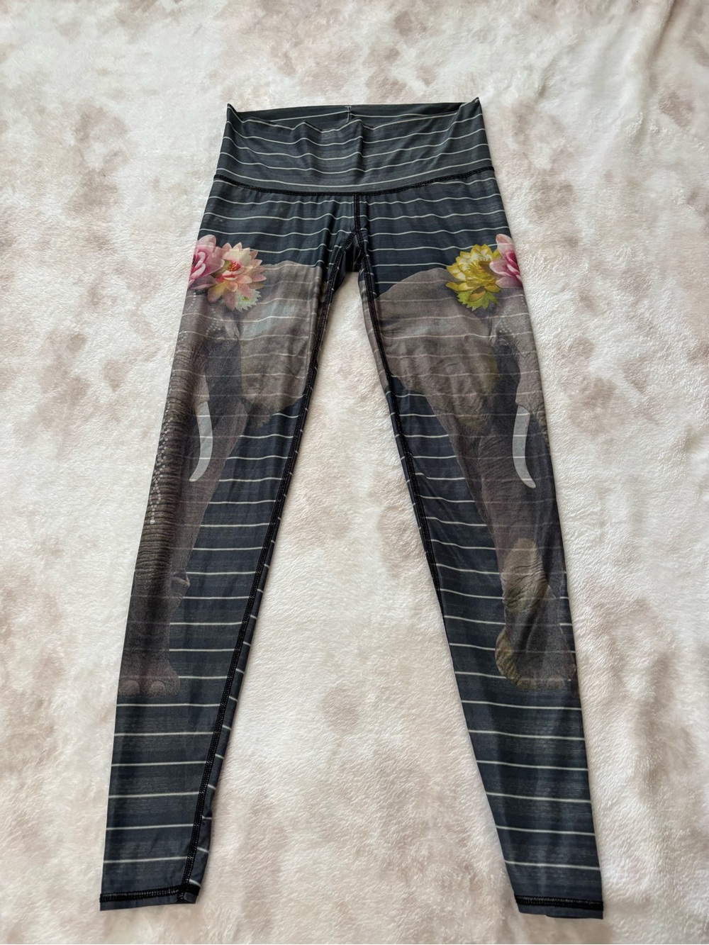 Teeki Women’s M Grey Floral Elephants Striped  Stretch Yoga Leggings